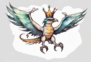 a bird-wyvern hybrid wearing a minimalist crown, flying tattoo idea
