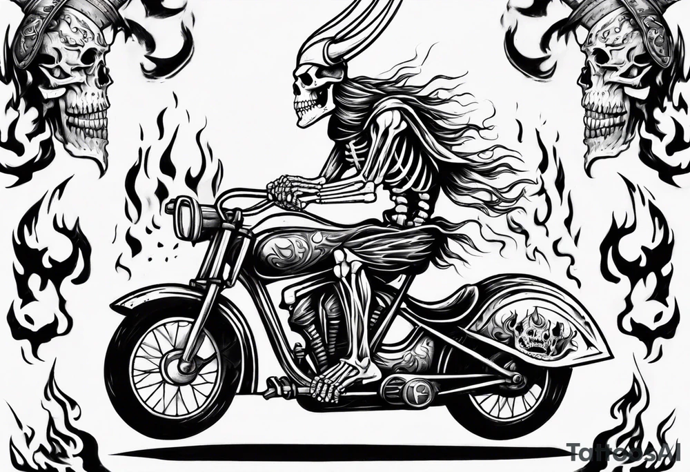 Skeleton riding a bike with flames and a big viking head in the background tattoo idea