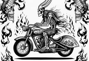 Skeleton riding a bike with flames and a big viking head in the background tattoo idea