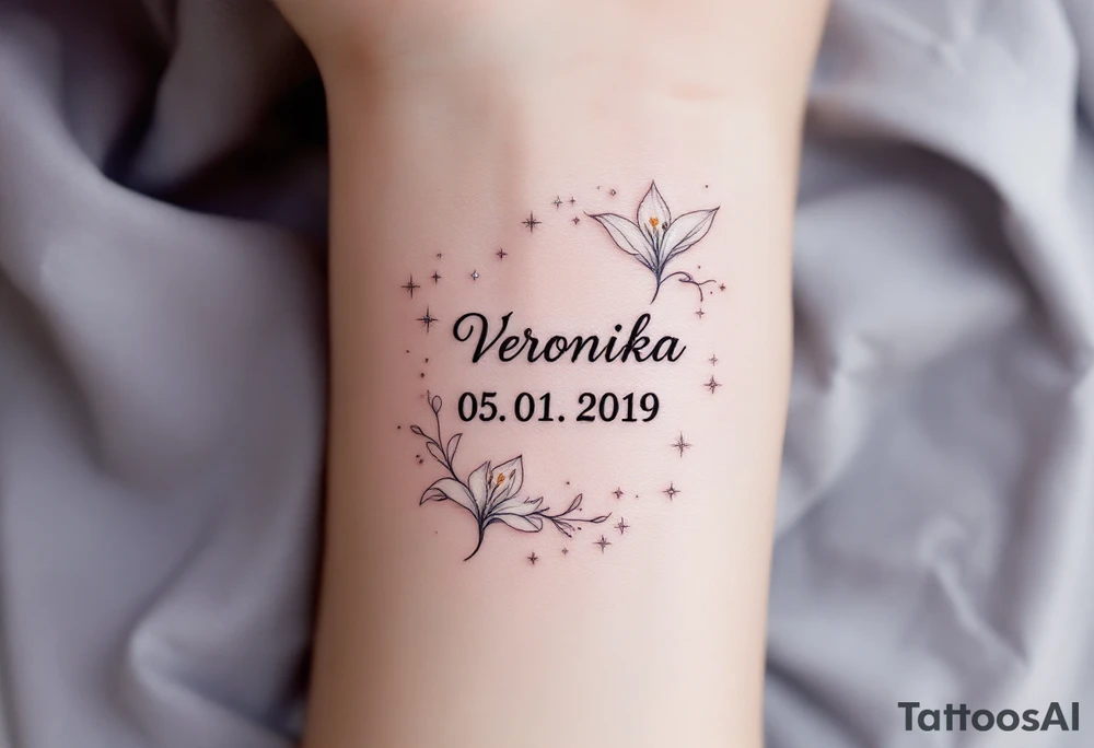 Veronika 05. 01. 2019) – Soft white lilies framing Veronika’s birthdate, accented by silver twinkling stars and gentle, sparkling details. tattoo idea
