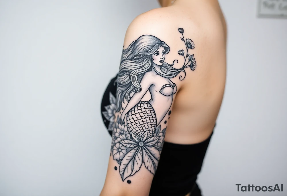 ethereal mermaid with flowing hair among coral and sea flowers tattoo idea