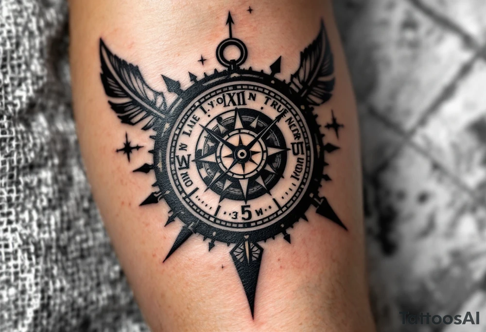 steampunk half compass half clock with a long native American arrow pointing at my wrist with the words “True North” and says "Isaiah 40:31" tattoo idea