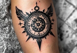 steampunk half compass half clock with a long native American arrow pointing at my wrist with the words “True North” and says "Isaiah 40:31" tattoo idea