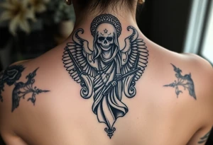 old angel statue (Santa Muerte style) criminal style tattooed and at the same time contemporary, weapons in hand, gangster-style gold necklaces tattoo idea