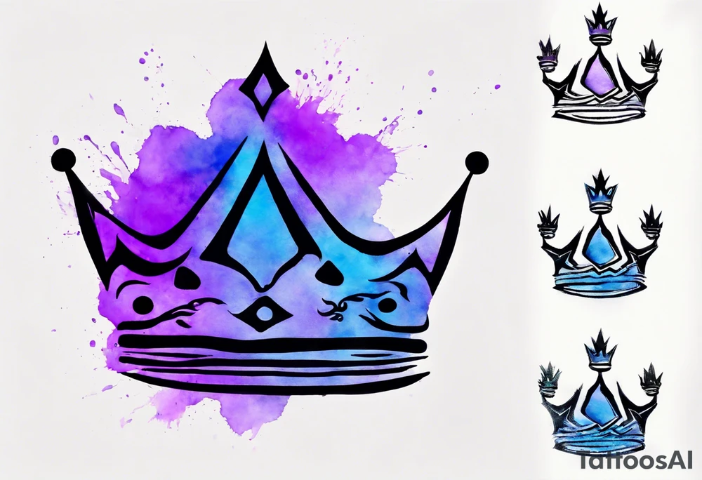 A tattoo of a minimalistic black crown and some negative space on a water color background of purple and blue. tattoo idea