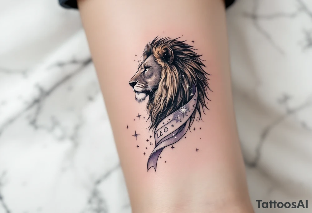 A sleek black lion stretches beneath a ribbon of Leo constellation stars in pale silver ink, draped across an ombré sky. tattoo idea