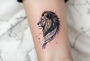 A sleek black lion stretches beneath a ribbon of Leo constellation stars in pale silver ink, draped across an ombré sky. tattoo idea