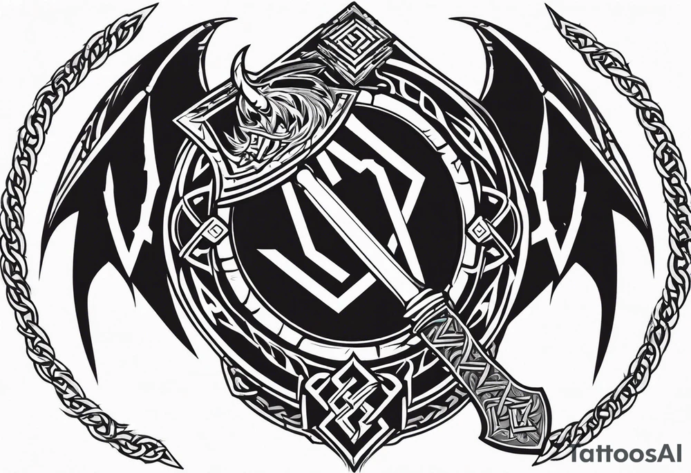Valhalla sword shield dragon axe Valknut barbed wire chains tribal tattoo idea