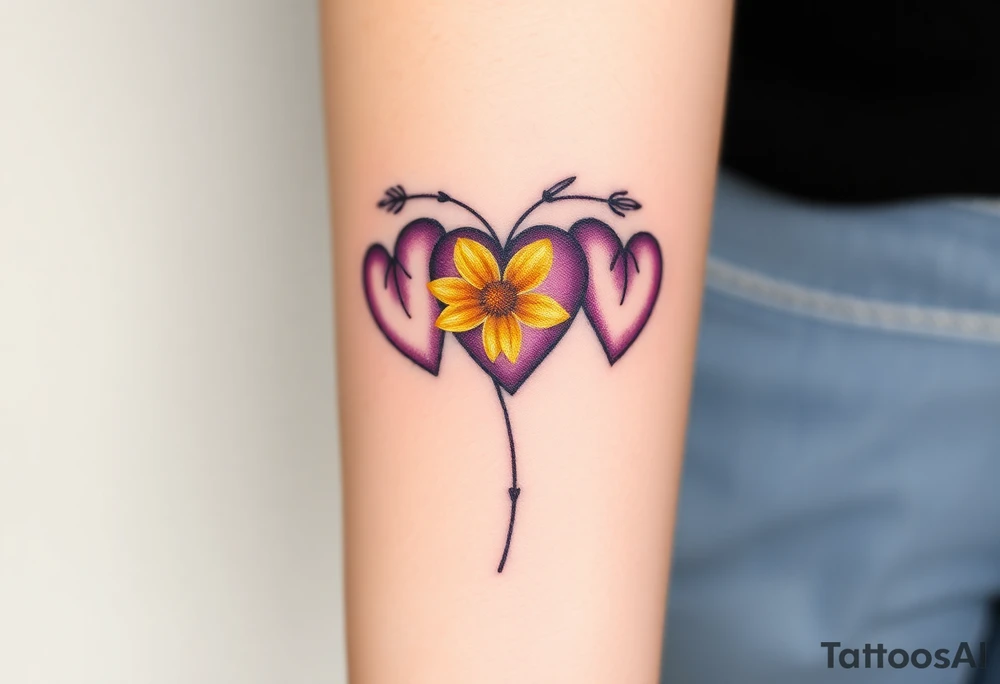 simple with Purple Hearts with yellow daisy. tattoo idea