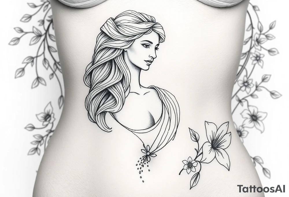 greek goddess and greek themed background with vines and lily’s and other flowers tattoo idea