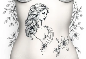 greek goddess and greek themed background with vines and lily’s and other flowers tattoo idea