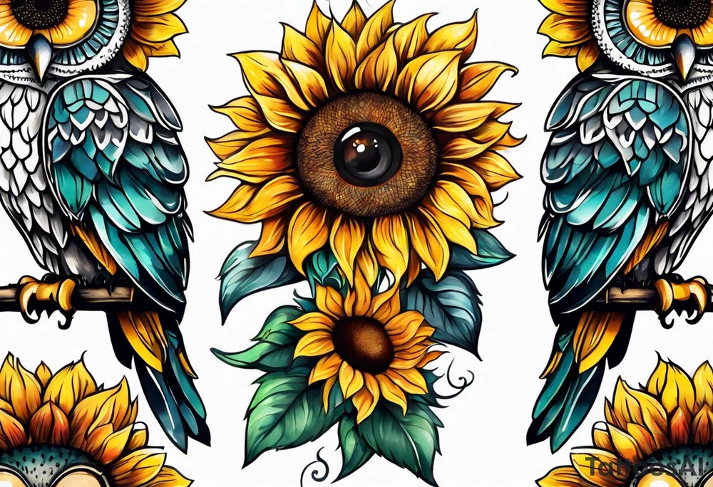 Leg sleeve with colorful sunflowers and an owl tattoo idea