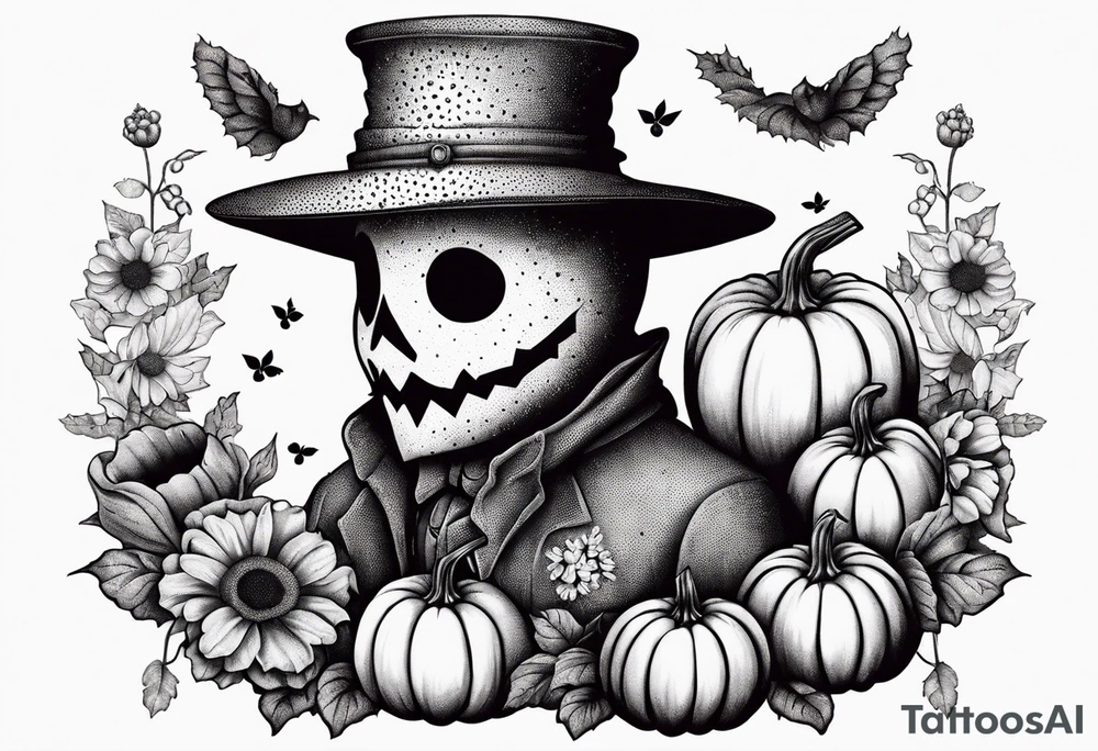 friendly scarecrow with pumpkins and flowers tattoo idea