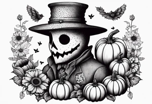 friendly scarecrow with pumpkins and flowers tattoo idea