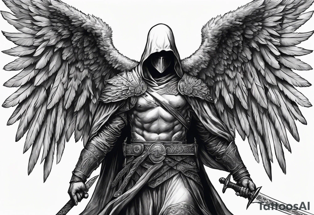 realistic angel of death, man, full body, no face visible, holding one sword, sword pointing downwards, both hands are holding the sword tattoo idea