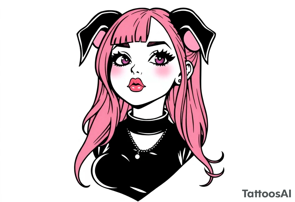 hot goth girl with puppy ears and with piercings on face and big boobs and big butt with black outfit on with pink hair tattoo idea