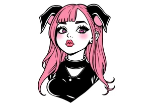 hot goth girl with puppy ears and with piercings on face and big boobs and big butt with black outfit on with pink hair tattoo idea