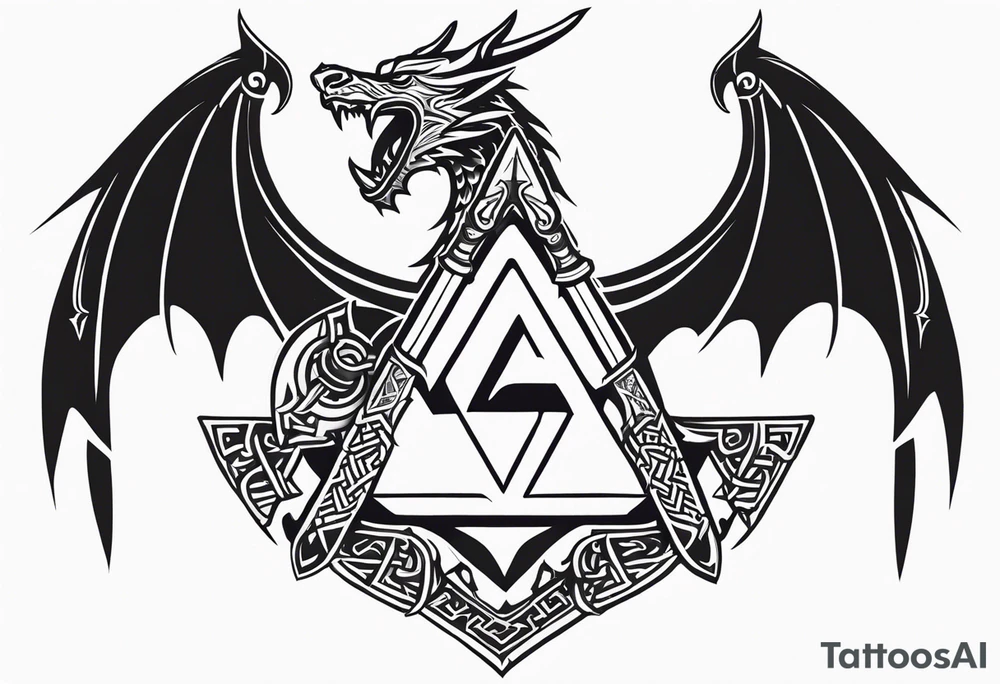 Valhalla sword shield dragon axe Valknut tattoo idea