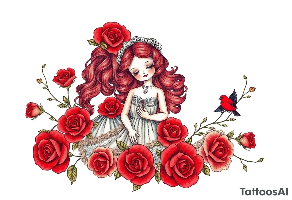 Vintage dollies, red roses, lace, red bird, vintage, wrap around, tighter together, no space open tattoo idea