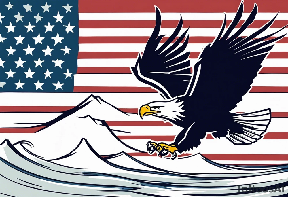 eagle flying in front of ship holding American flag in beak tattoo idea