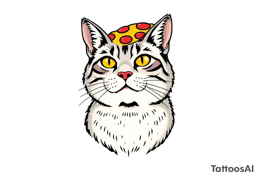 fat grey tabby cat portrait with pizza slice on its head tattoo idea