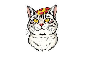 fat grey tabby cat portrait with pizza slice on its head tattoo idea