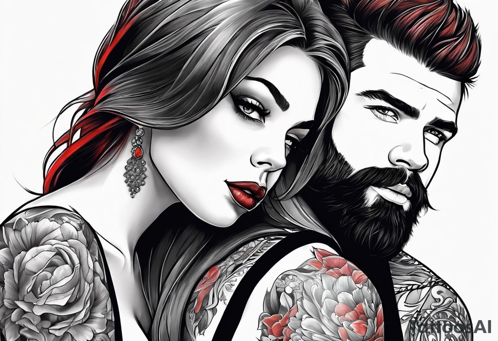 Busty red haired woman with a bearded man who has black hair tattoo idea