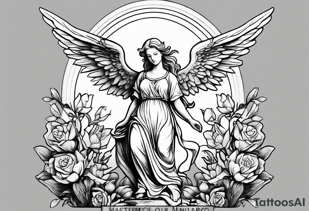 Simple Angel statue stood on a rock with daffodils and roses wrapped around its legs tattoo idea