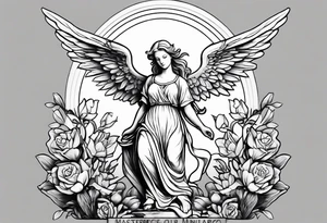 Simple Angel statue stood on a rock with daffodils and roses wrapped around its legs tattoo idea