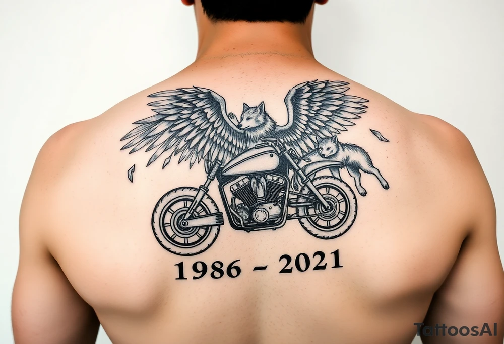 the year 1958 - 2021 with a motorcycle on it with guardian angel wolves tattoo idea