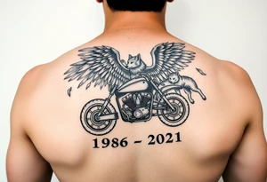 the year 1958 - 2021 with a motorcycle on it with guardian angel wolves tattoo idea