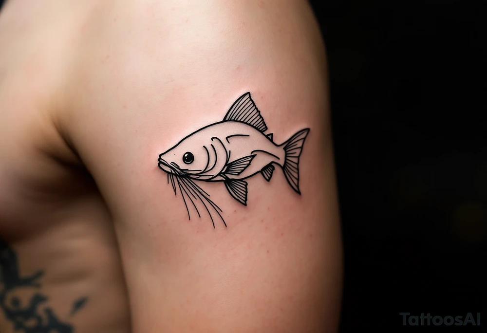 Minimalist Catfish Outline – A clean, single-line tattoo in black ink, with a subtly stylized head and whiskers, emphasizing flow and motion. tattoo idea