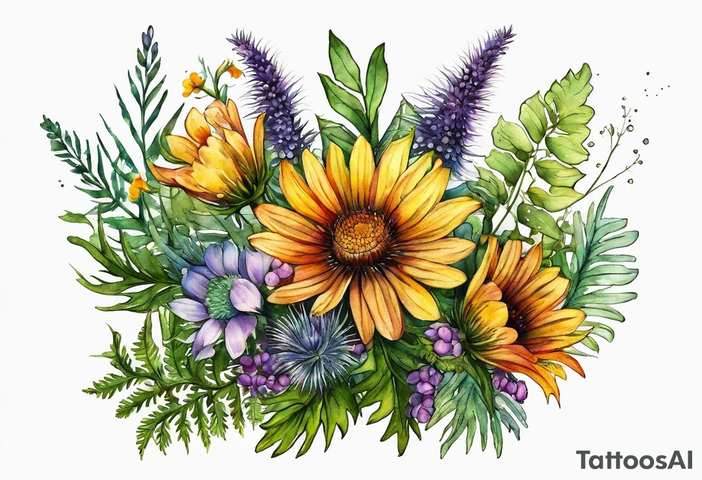 small vertical mixed wildflower bouquet with ferns, thistle and with watercolor tattoo idea