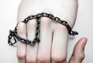 gothic chains intertwined on index finger and thumb connecting together from fingers tattoo idea