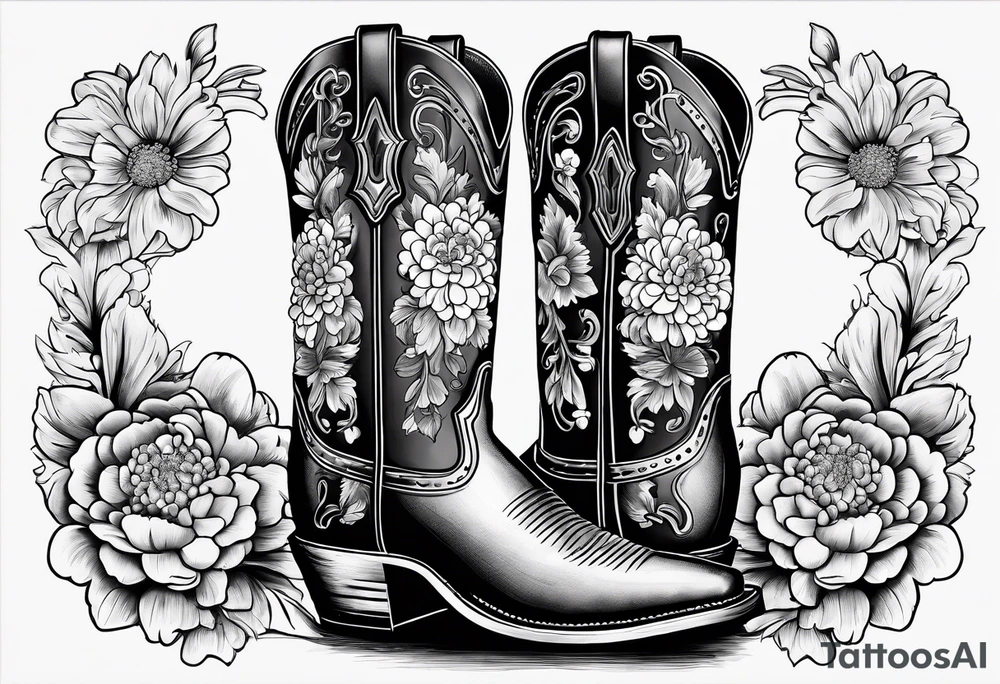 Cowboy boot with bouquet of chrysanthemum, carnations and marigolds inside boot tattoo idea