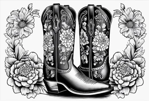 Cowboy boot with bouquet of chrysanthemum, carnations and marigolds inside boot tattoo idea