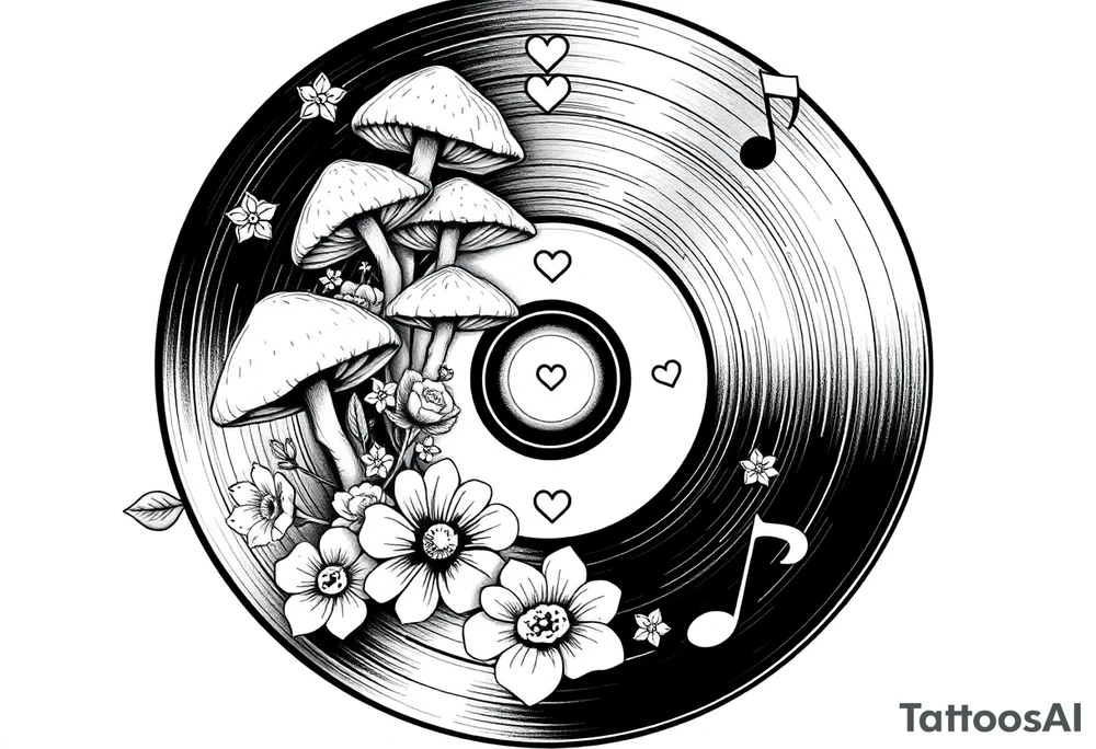 vinyl record with mushrooms, flowers, hearts, and music notes tattoo idea