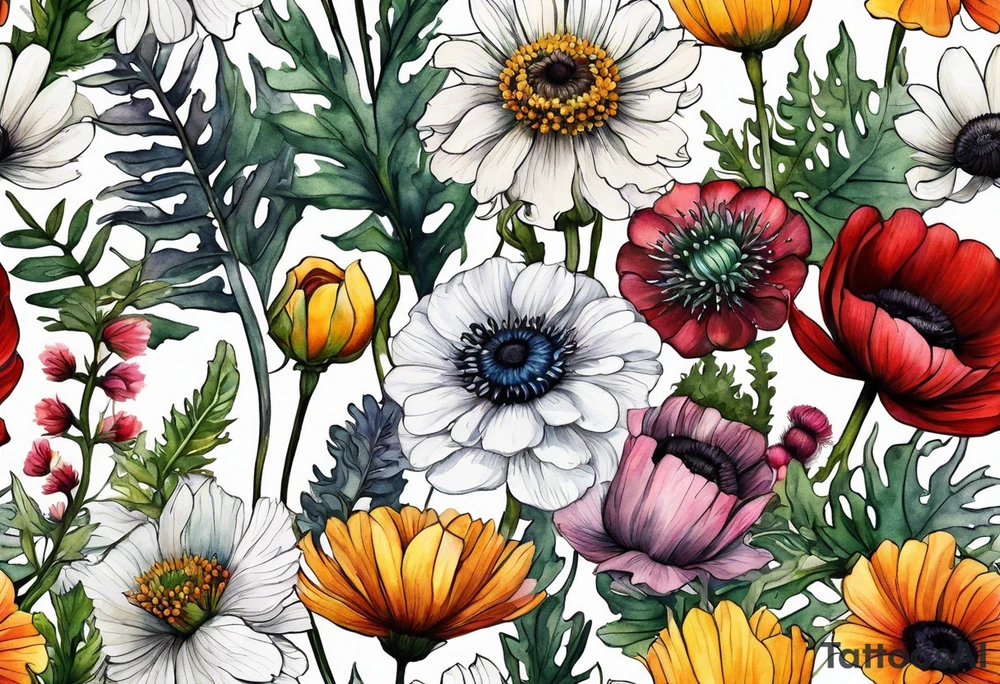 wildflowers with thistles, ferns, ranuculus, white anemones with black center, sun flowers, mixed color flowers and different shapes all in watercolor tattoo idea
