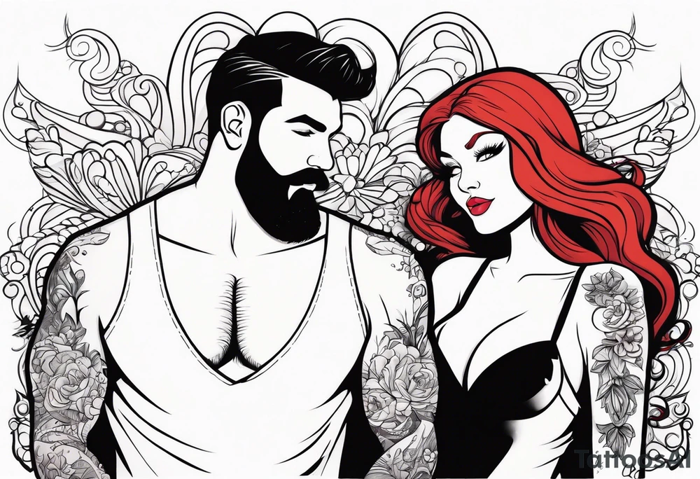 Busty Red haired woman with black haired bearded man tattoo idea