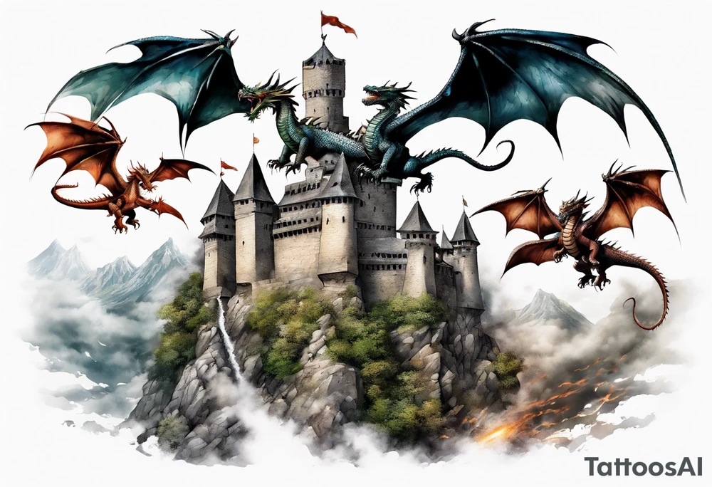 3 dragons flying around the highest part of the castle, defending it from a village with angry people, angry villagers around the castle, realistic tattoo idea