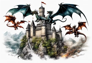 3 dragons flying around the highest part of the castle, defending it from a village with angry people, angry villagers around the castle, realistic tattoo idea