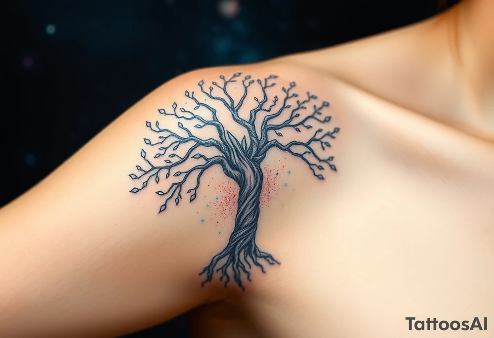 mystical tree of life with cosmic roots and celestial branches, 
more full tree and sparkles around ethereal, making it a scene in a galaxy background 
encapsulate the shoulder branches go down to elbow tattoo idea