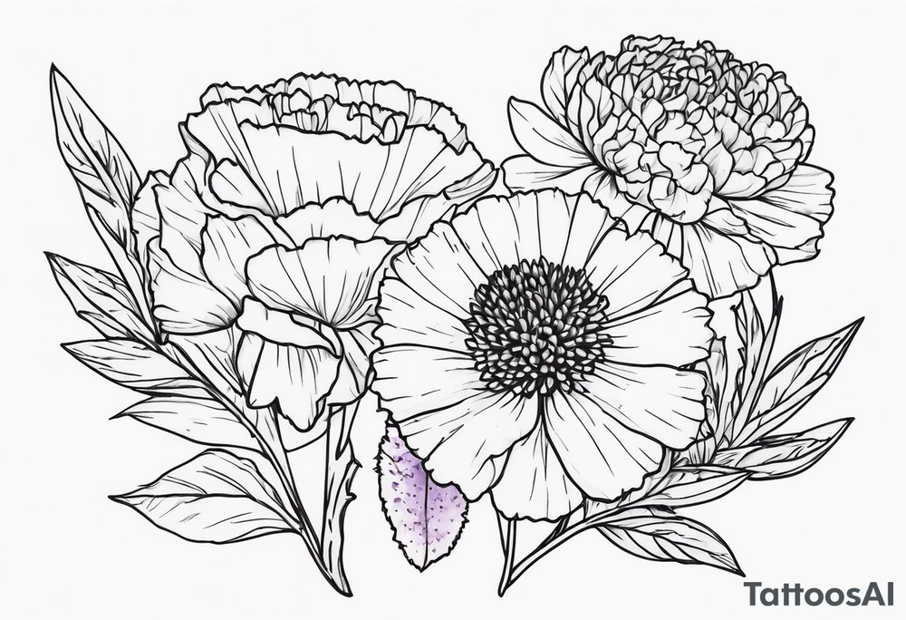 Carnation aster and violet blossom flat lay tattoo idea Carnation aster and violet blossom flat lay tattoo idea