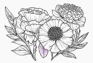 Carnation aster and violet blossom flat lay tattoo idea