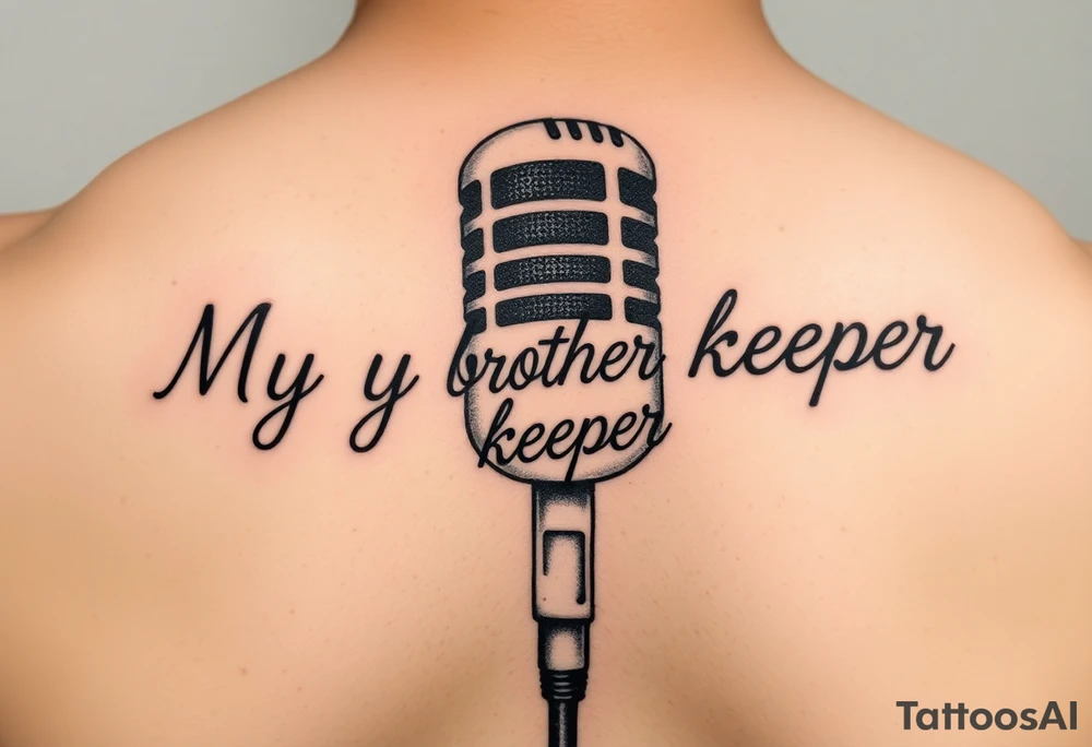 A microphone with the words “My brothers keeper” with the microphone looking like it’s actually writing the words . For a female and small tattoo idea