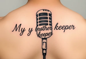 A microphone with the words “My brothers keeper” with the microphone looking like it’s actually writing the words . For a female and small tattoo idea