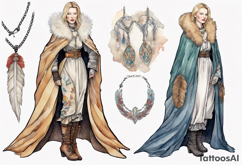 Cate Blanchette wearing medieval cloak  and boots and white feather necklace tattoo idea