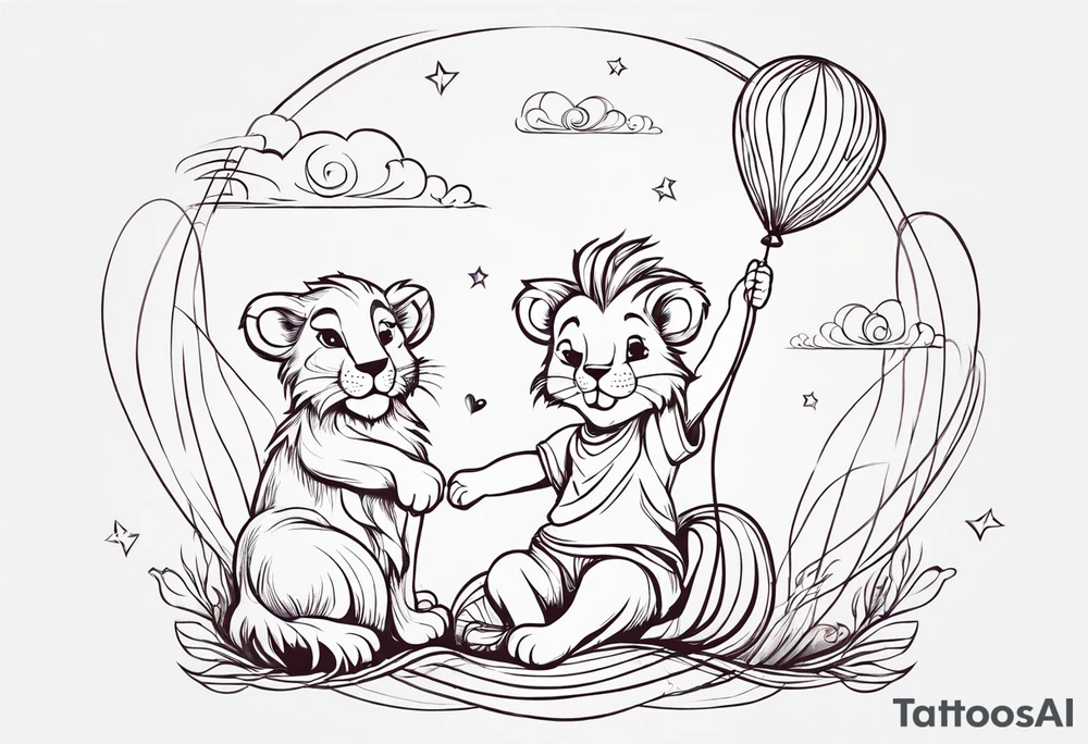 tatoo in sketch style only.
A little lion boy is holding a string to the hearth shaped small party baloon.
lion boy should be drawed from behind and has one hand reaching up in 45 degree angle and holding the baloon string
On the string is a wave which look like a hearbeat pulse.
draw it without any scenery, without any background. Just a boy 
Add heartbeat pulse on the string tattoo idea