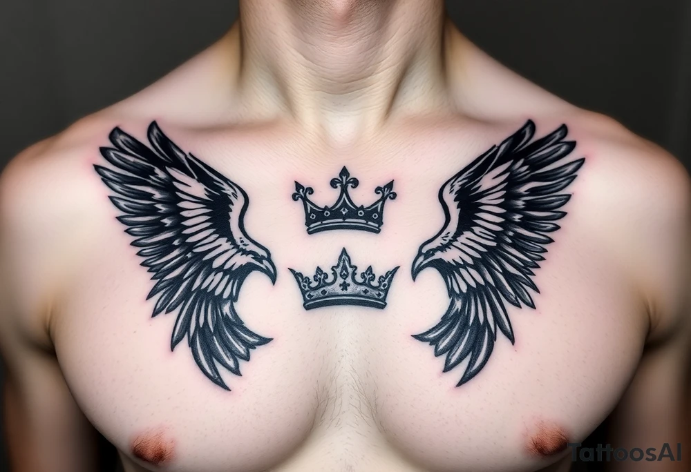 Chest tattoo, two laurier and icelandic symbols, dark brest tattoo, crown betwen ravens tattoo idea