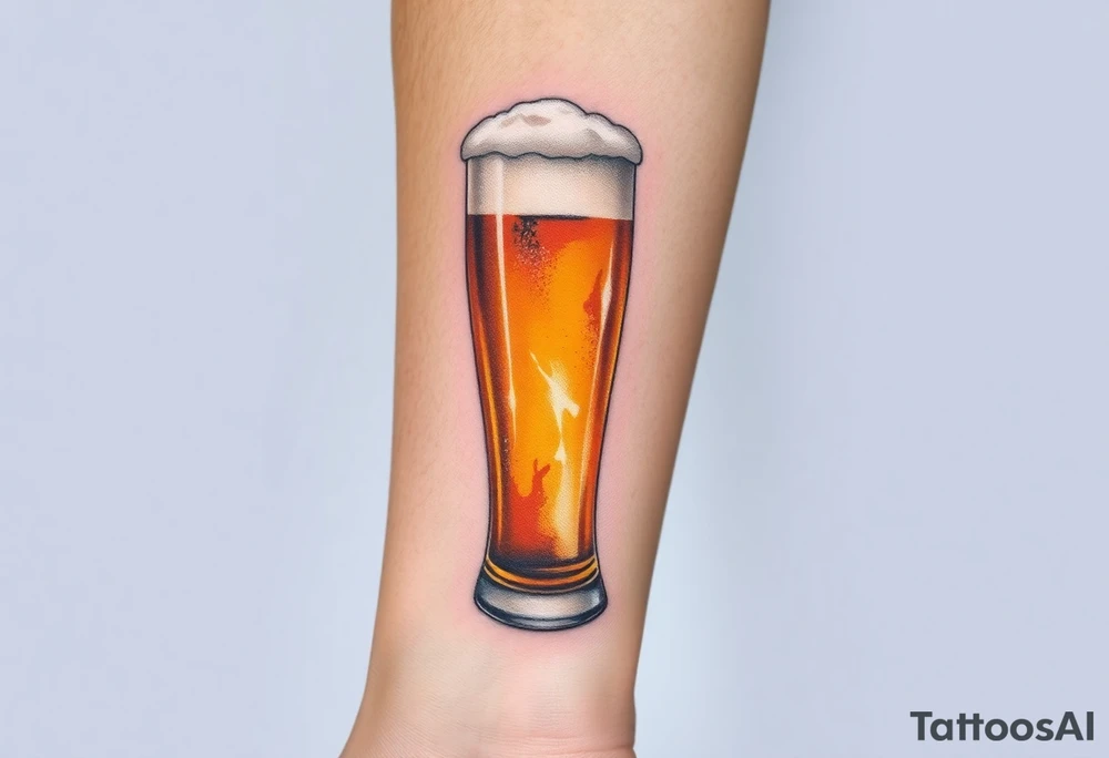 A tall, ice-cold beer glass with a thick white foam head, illuminated by warm amber and honey hues tattoo idea